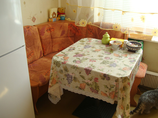 Der Hauptnachteil einer Ecke mit einem quadratischen Tisch ist, dass sie viel Platz einnimmt. Für eine kleine Küche ist dies entscheidend