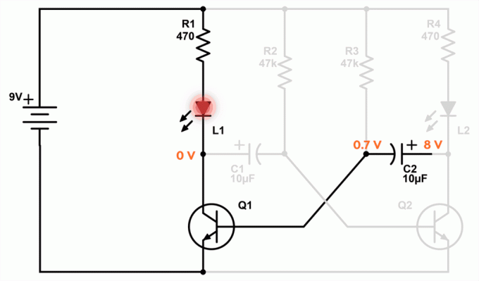 Rechts von der Spannung des Kondensators C2 erreicht schnell 7-8, wenn die LED-Leuchten auf der linken Seite.