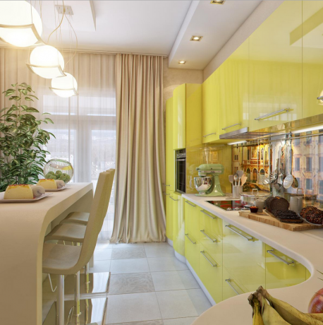 Gelbe Küche (48 Fotos): Wie man das Innere eines Küchenzimmers mit eigenen Händen in Kombination mit Grün dekoriert, braun, schwarz, blau, grau, weiß, Tapete, Headsets, Stühle, Anleitung, Foto, Preis und Videokurse