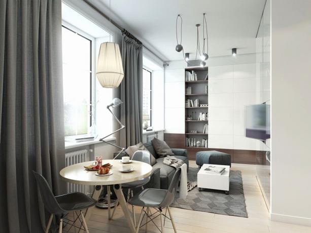 Moderne Wohnung 32 m² mit Glaswänden und einem Bett