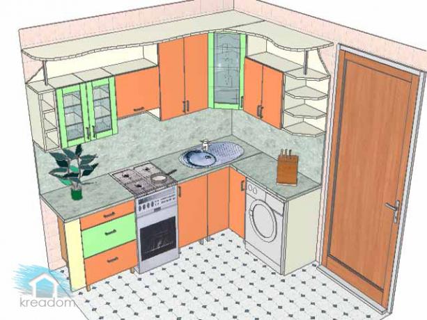 Die Küchenrenovierungsschule bietet eine der Optionen für die künstlerische Gestaltung dieses Raumes mit der vorgeschlagenen Dekoration der Wände und des Bodens sowie mit einer typischen Anordnung der Innenausstattung