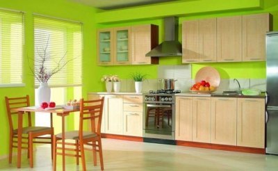 Die Kombination von hellgrüner Farbe im Innenraum der Küche mit kontrastierenden roten Details