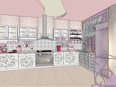 Design - Projekt im Stil von Shabby - Chic: Küche in Grau-Lila-Tönen.