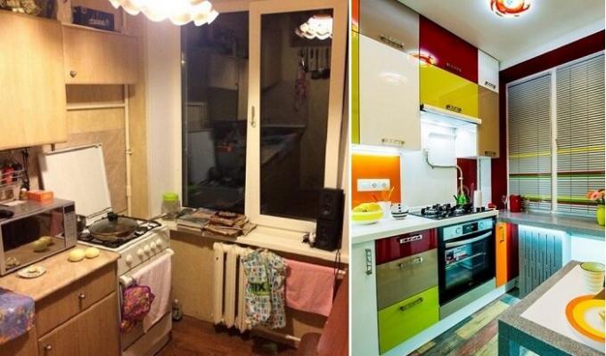 Die Küche in dem „Chruschtschow“ vor und nach der Transformation.