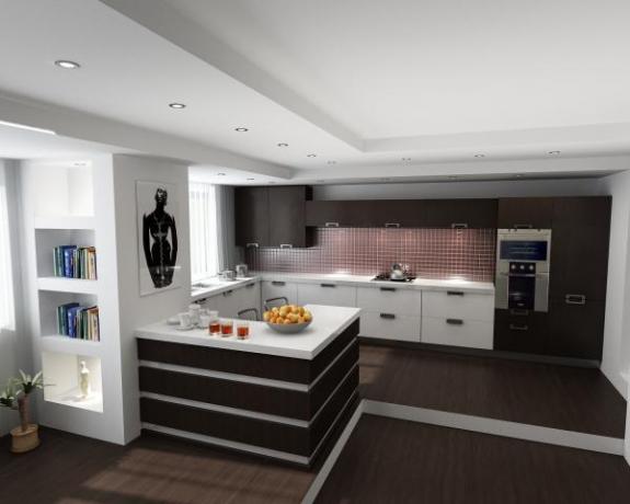 Die Verwendung moderner Stile ist in der Innenausstattung von Küche und Wohnzimmer weit verbreitet.