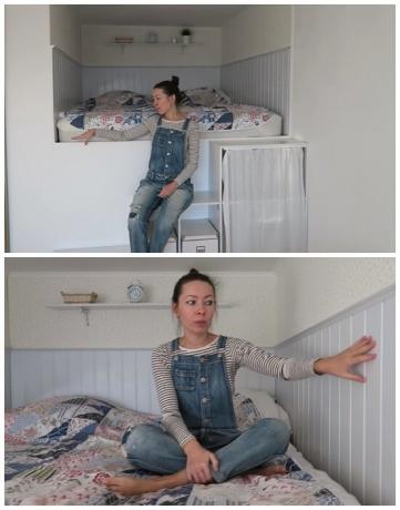 Auf einem hohen Podest in der gebildeten Nische Mädchen machte sie eine echte Schlafzimmer. | Foto: youtube.com.