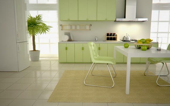 Weiße Tapeten für eine grüne Küche betonen die Zartheit heller Grüntöne
