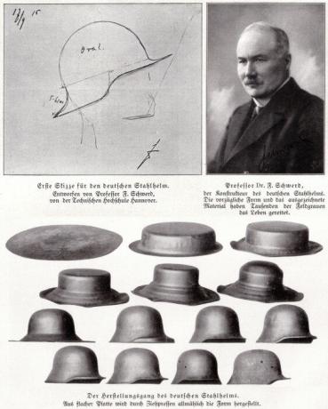Der Prozess des Helms bildet, und der Autor von Ideen Stahlhelm M16 Dr. Friedrich Shverd.