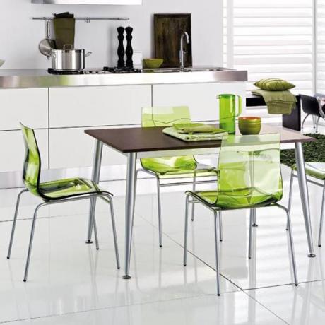 Helle Details zur Umgestaltung des Innenraums - grüne Stühle für die Küche, farbiges Geschirr 
